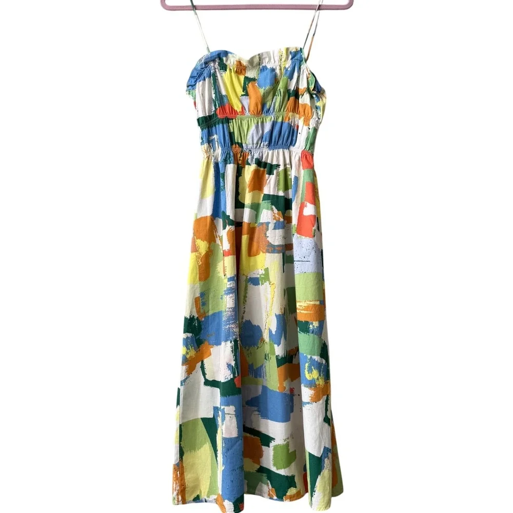 Stradivarius Abstract Paint-Print Smocked Midi Sundress –‎ Size Small - Picture 3 of 8